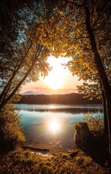 Sunrise over the lake through the forest trees