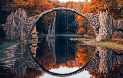 Bridge reflection in river mirror water