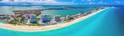 Aerial panoramic view of the Hotel Zone (Zona Hotelera) and the beautiful beaches of Cancún, Mexico