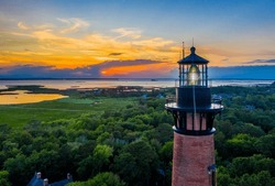 Aerial view of Currituck Beach Lighthouse at sunset near Corolla, North Carolina (Outer Banks)