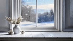 A delicate vase adorns a tall white window, resting on a white wooden table. A framed picture of a snowy landscape serves as the background