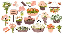 Set with buckets, baskets, bouquets with different spring flowers: roses, chamomiles, tulips and other, wrapping paper. Wooden board with text Flowers market. Cute bees. Vector illustration