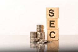 the letters SEC is laid out of wooden cubes with letters on white background with coins. sec - short for securities and exchange commission