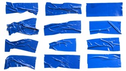 Set of Blue tapes on white background. Torn horizontal and different size blue sticky tape, adhesive pieces.