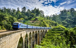 Railway train bridge on mountain green natural landscape