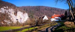 Panorama of a church in the mountains. Church in mountain panorama. Mountain church panoramic landscape