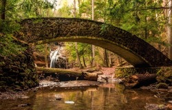 Stone arch bridge in the forest. Old arched bridge over forest river stream. River bridge in forest. Arched stone bridge