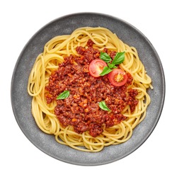 Pasta Spaghetti Bolognese in gray bowl isolated on white background. Bolognese sauce is classic italian cuisine dish. Popular italian food.