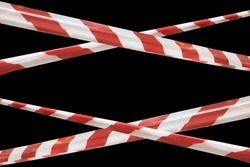 Red and white lines of barrier cross tape prohibit passage, tape on black isolate. Barrier that prohibits traffic. Danger unsafe area warning tape do not enter. Concept no entry. Copy space