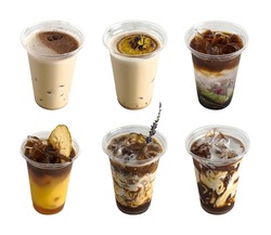 Photo of ice coffee on white background set. Cold amore, passion fruit frappe, berry espresso tonic, аpple Spicy Capuorange, Lavender ice raff coffee, Pistachio ice raff in a plastic cup