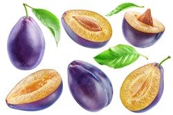 Collection of six ripe purple plums isolated on white background. A set of whole blue plums and halves.