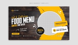 Fast food restaurant menu social media marketing web banner template design. Pizza, burger and healthy food business online promotion flyer with abstract background, logo and icon. Sale cover.