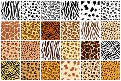Animal seamless pattern set. Mammals Fur. Collection of print skins. Predators. Cheetah, Giraffe, Tiger, Zebra, Leopard, dalmatian, Сattle, Jaguar. Printable Background. Vector illustration.
