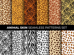 Animal skin seamless pattern set. Mammals Fur. Collection of print skins. Cheetah, Giraffe, Tiger, Zebra, Leopard, Jaguar. Printable Background. Vector illustration.