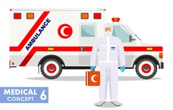 Medical concept. Detailed illustration of muslim arabian emergency doctor in protective suit and mask near ambulance car in flat style background. Virus, infection, epidemic, quarantine. Vector.