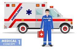 Medical concept. Detailed illustration of emergency doctor man and ambulance car in flat style on white background. Vector illustration.