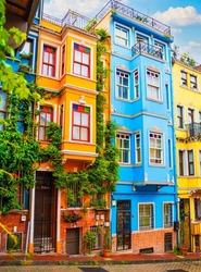 Colorful houses on Balat popular with tourists, Balat is a traditional Jewish quarter in Istanbul's Fatih district. Istanbul, Turkey