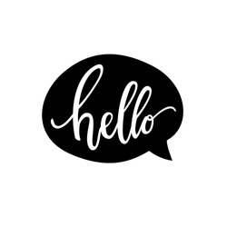 Hello quote message bubble. Calligraphic simple logo / introduction style. Vector illustration. Simple black & white sign / lettering.