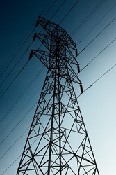 A shot of high voltage electric transmission tower, also known as electricity pylon.