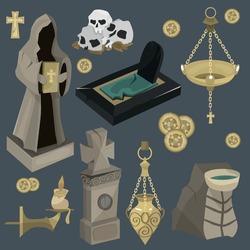A set for Catholic and Christian churches. Sculpture with a Bible in his hands. The altar, the center. Attributes of the church. Gold coins. Tombstones. Vector illustration for the game. Gold.
