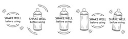 Shake well before using icon set. Shaker bottle outline with arrows and text. Symbol for packaging of spray aerosol сan, drinks, medicines, cosmetics or household chemicals product. Vector on white