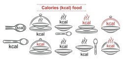 Kcal calories food outline icon set. Counting eating kilocalorie energy in healthy diet. Plate on tray with spoon. Control cal intake, loss weight. Symbol for dietary nutrition packaging. Line vector