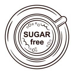 Sugar free diet coffee drink in cup on saucer outline icon. Not sweet cappuccino, sugarless latte, tea, hot chocolate. Low calorie slimming beverage. Dietary eating weight loss. Diabetes food. Vector