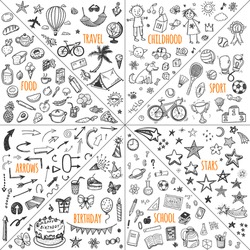 Mega doodle design elements vector set. Hand drawn illustrations: travel, childhood, sport, school, birthday, arrows, food. 