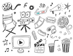 Hand drawn online Cinema doodle icons set