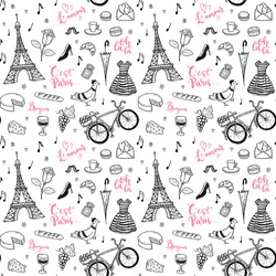 Seamless vector pattern with hand drawn Paris, France symbols doodles.