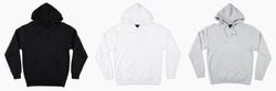Blank black, white and grey male hoodie sweatshirt long sleeve with clipping path, mens hoody with hood for your design mockup for print, isolated on white background. Template sport winter clothes.