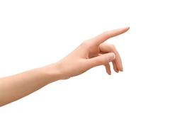 a woman's hand points to something with her index finger. cut out