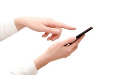 business woman clicks on the smartphone screen. isolated white background