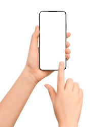 touching smartphone screen with copy space. female hands and smartphone isolated on white background