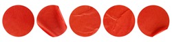 five red round stickers on white isolated background