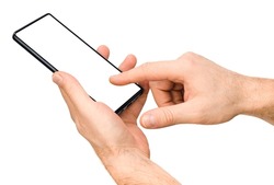 male hands use using phone on white isolated background