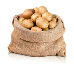 potato in burlap sack on white isolated background