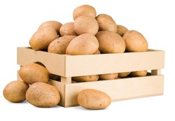 crate with potato harvest on white isolated background