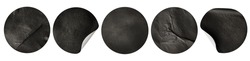 five different round black stickers in a row on a white isolated background