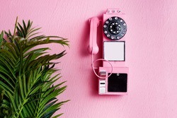 Pink old traditional phone with receiver on pastel pink background and green plant with copy space