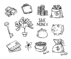 Hand drawn vector illustrations - Save money. Doodle design elements. Finance, payments, banks, cash, Four-leaf clover
