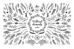 Hand sketched vector vintage elements ( laurels, leaves, flowers, swirls and feathers). Wild and free. Perfect for invitations, greeting cards, quotes, blogs, Wedding Frames, posters 