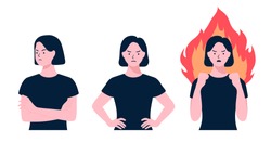 Women doing a angry gesture set. arguing women. Angry lady yelling, Person loosing temper in conflict. Girl argument, Negative emotions. annoyed people, Flat style vector design illustrations.