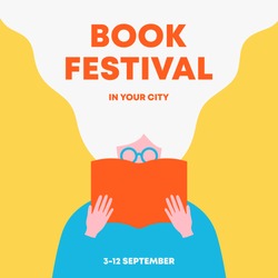 Woman holding an open book and reading. Poster for books festival, education, culture festival day, library or other reading or literature event. Front view. Trendy flat vector illustration.