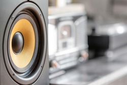Sound Speaker. Loud Music Volume Concept Background. Professional studio equipment subwoofer close-up. High quality acoustic loudspeaker monitor. Hi-Fi acoustic sound system