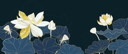Luxury lotus line art on dark background, Golden hand drawn wallpaper with white lotus flowers, blooms, and leaves. Design for banners, prints, cover and poster.
