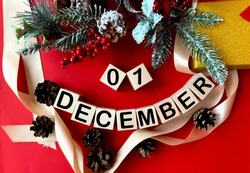 December 1 on wooden cubes.Near fir branches, cones, ribbon, gift box on a red background.Winter.Calendar for December
