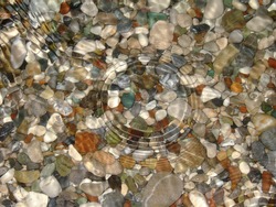 Sea stones of different colors and shapes lie under the clear water. Circles from drops spread across the water