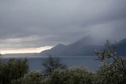 Mountains in the fog above the sea bay in the background. In the foreground is a tree. Italian coastal landscape