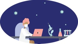 
scientist writes down working with laptop, near test tubes and microscope, vector female character in flat style